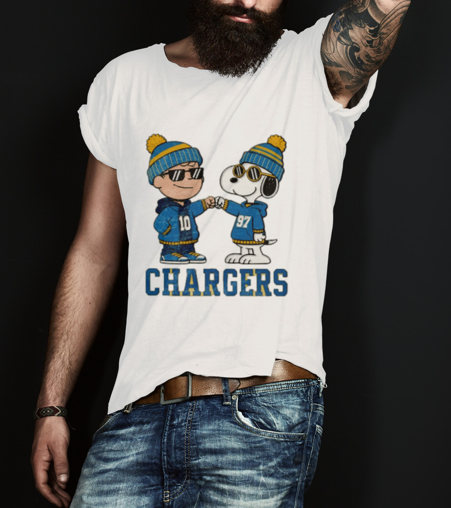 Los Angeles Chargers Charlie Brown Snoopy Fist Bump Blue Beanie Pom Pom T-Shirt