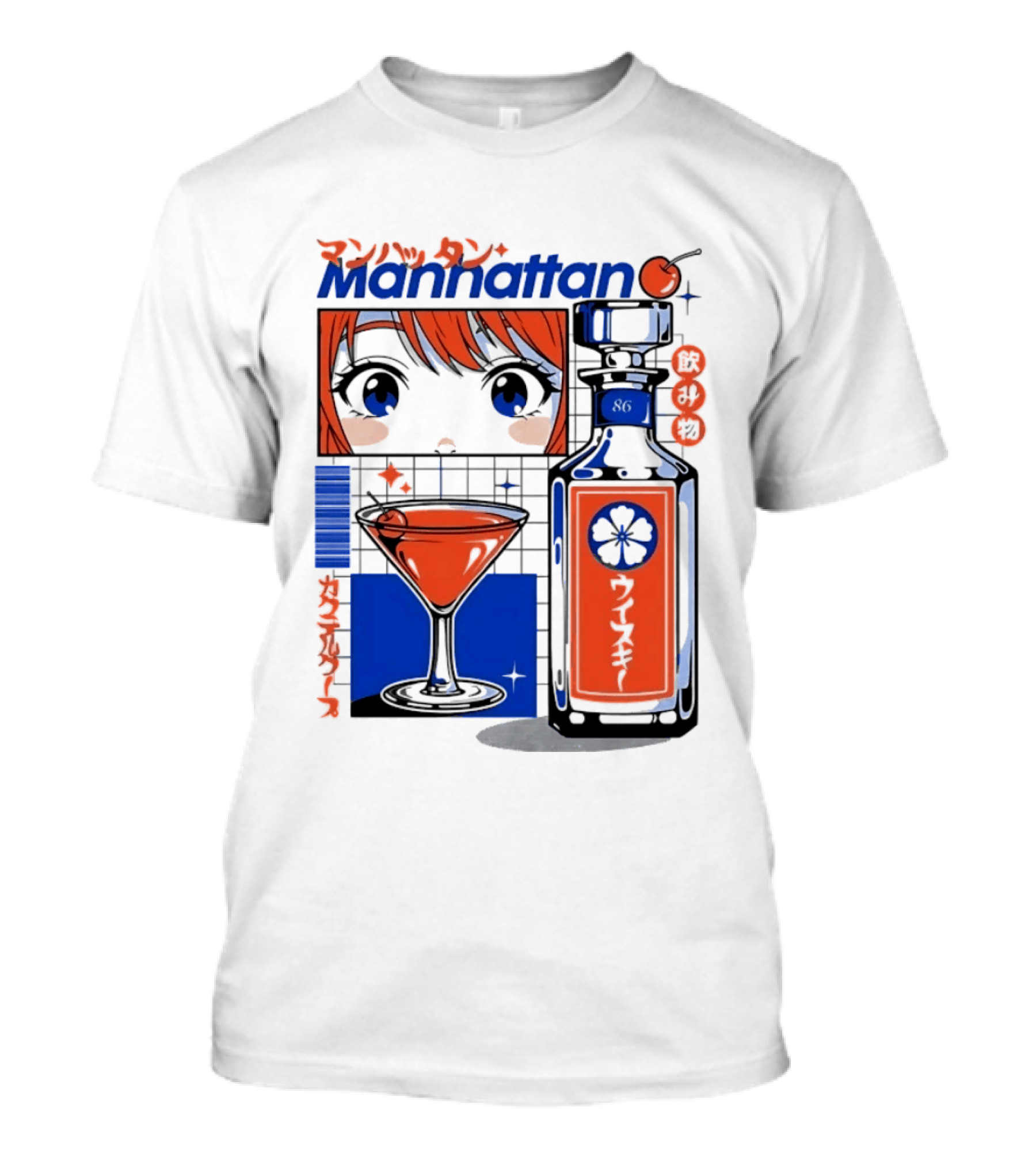 Manhattan Anime Style Whiskey Bottle With Cocktail And Cherry T-Shirt