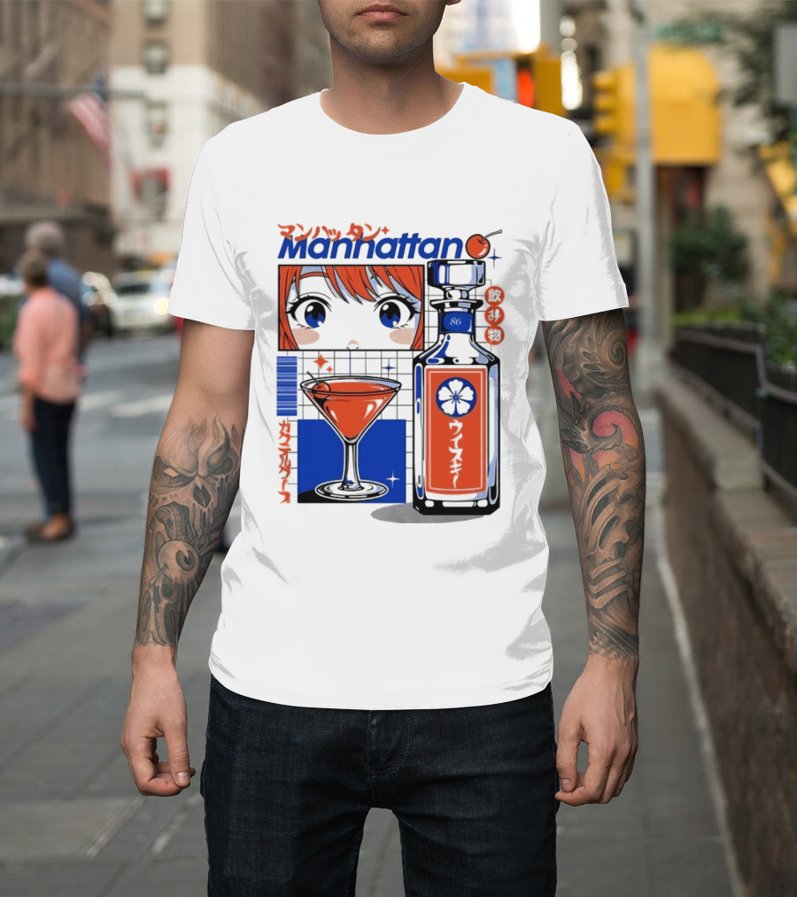 Manhattan Anime Style Whiskey Bottle With Cocktail And Cherry T-Shirt