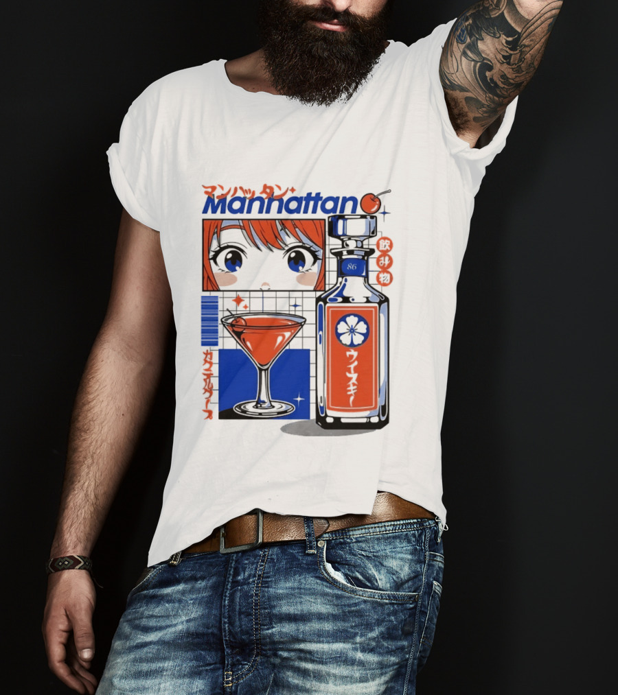 Manhattan Anime Style Whiskey Bottle With Cocktail And Cherry T-Shirt