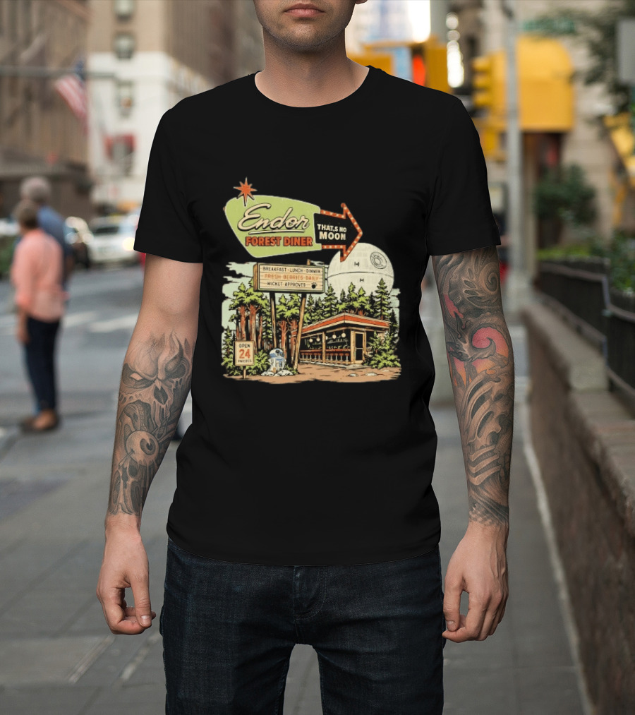 Endor Forest Diner Breakfast Lunch Dinner Moon Star Wars 24 Hours R2 D2 T-Shirt