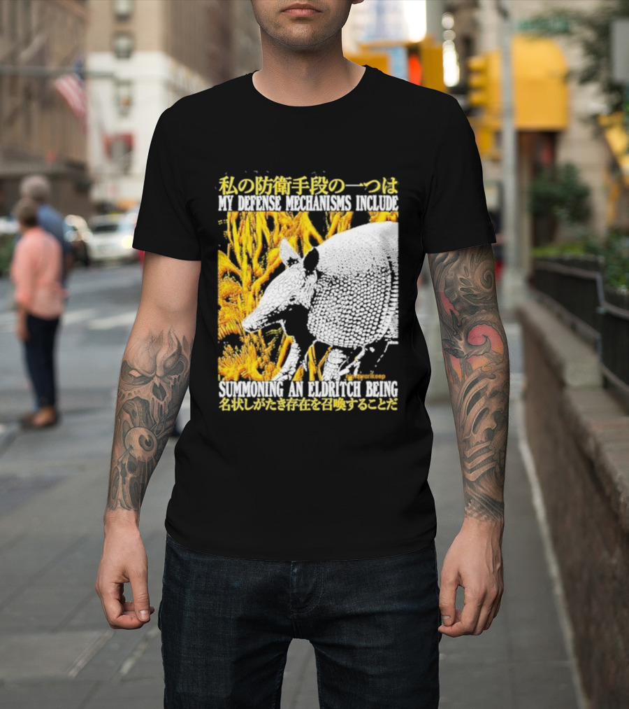 My Defense Mechanisms Include Summoning An Eldritch Being Japanese Text Immersed In Fiery Abstract T-Shirt