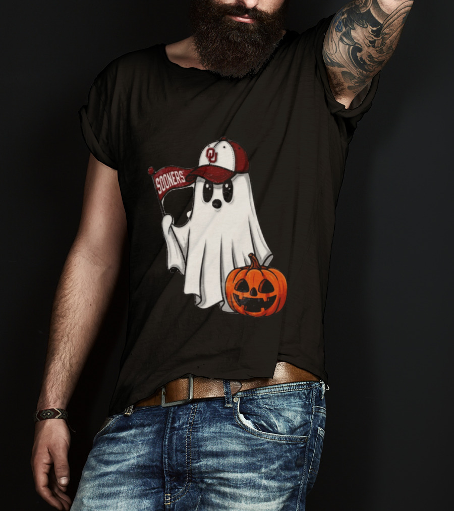 Oklahoma Sooners Ghost With Pumpkin Halloween Fan Gear T-Shirt