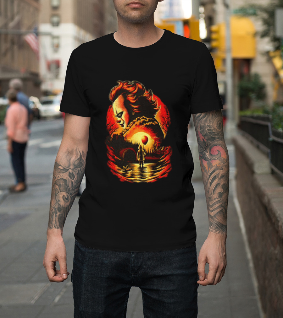Pennywise IT Clown Face With Red Balloon And Sunset Scene T-Shirt