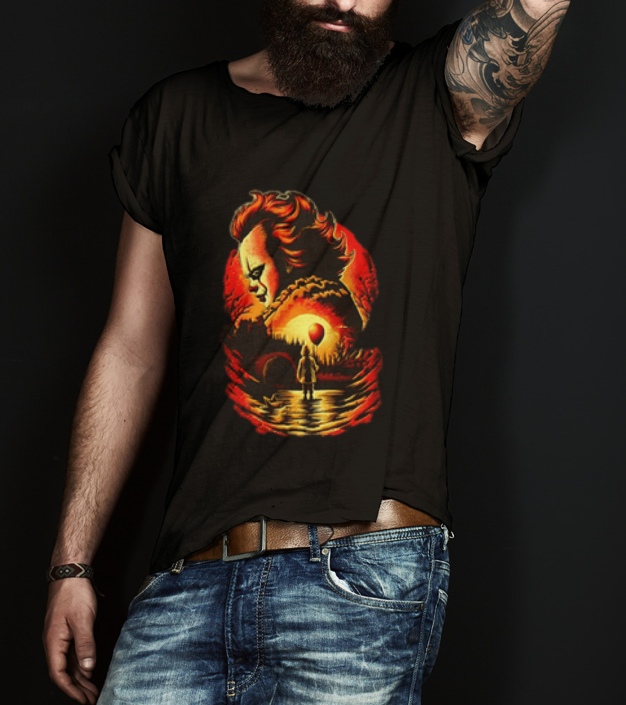 Pennywise IT Clown Face With Red Balloon And Sunset Scene T-Shirt