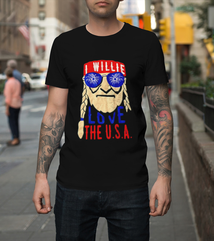 I Willie Nelson Love The U.S.A. Braided Hair Fireworks Sunglasses T-Shirt