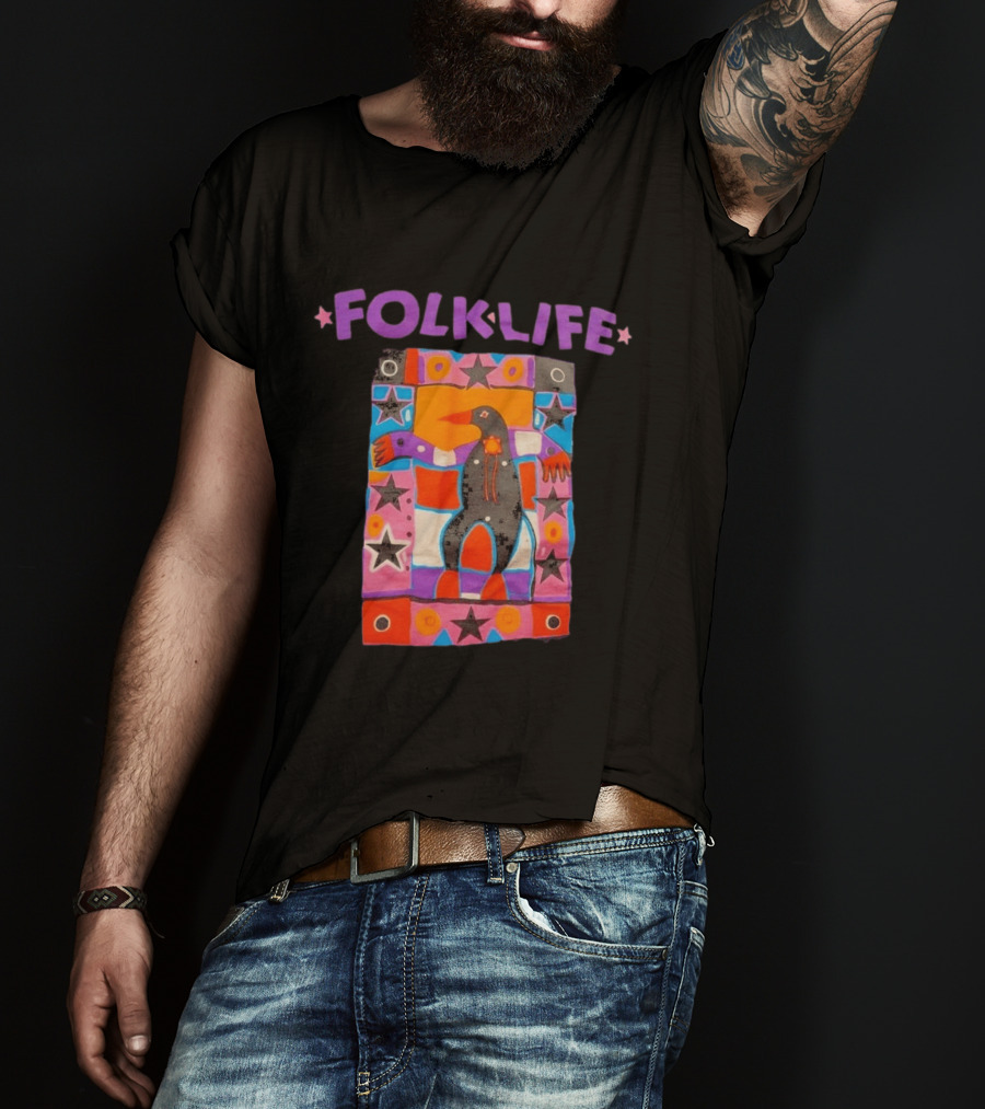 1992 Northwest Folklife Festival Black Seattle USA 90s Colorful Folk Art Bird Stars T-Shirt
