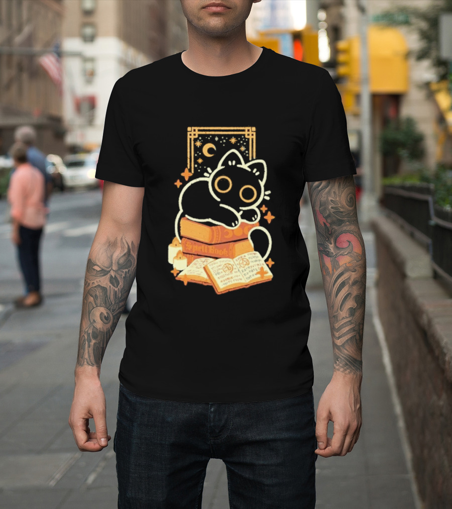 Black Cat Spell Book Candles Moon Stars Mystical Scene T-Shirt