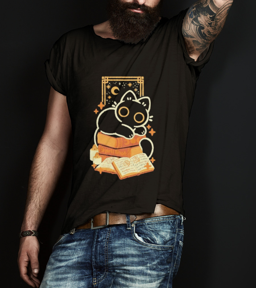 Black Cat Spell Book Candles Moon Stars Mystical Scene T-Shirt