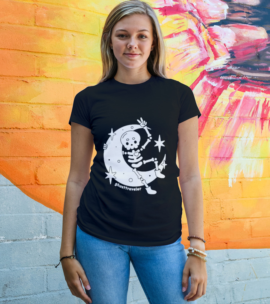 Ghosttraveler Skeleton On The Moon With Stars Spooky Halloween T-Shirt