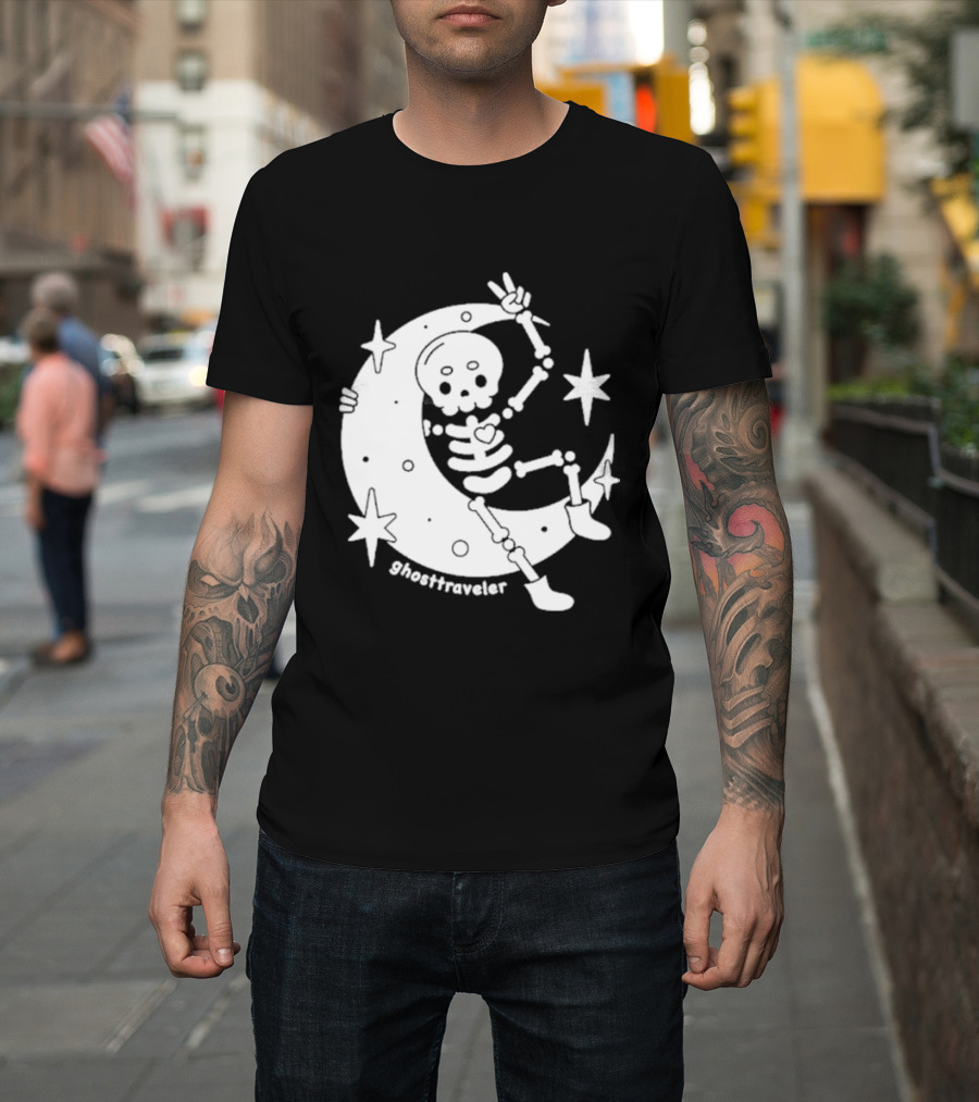 Ghosttraveler Skeleton On The Moon With Stars Spooky Halloween T-Shirt