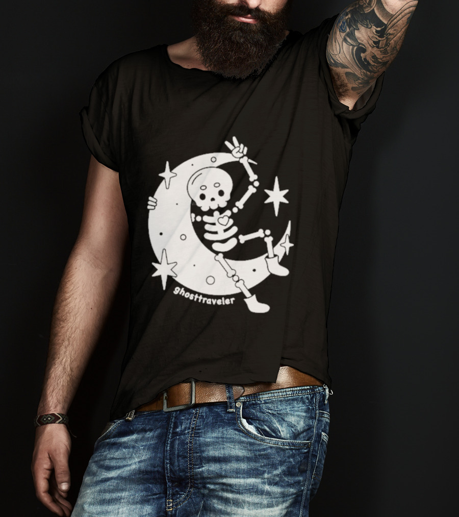 Ghosttraveler Skeleton On The Moon With Stars Spooky Halloween T-Shirt