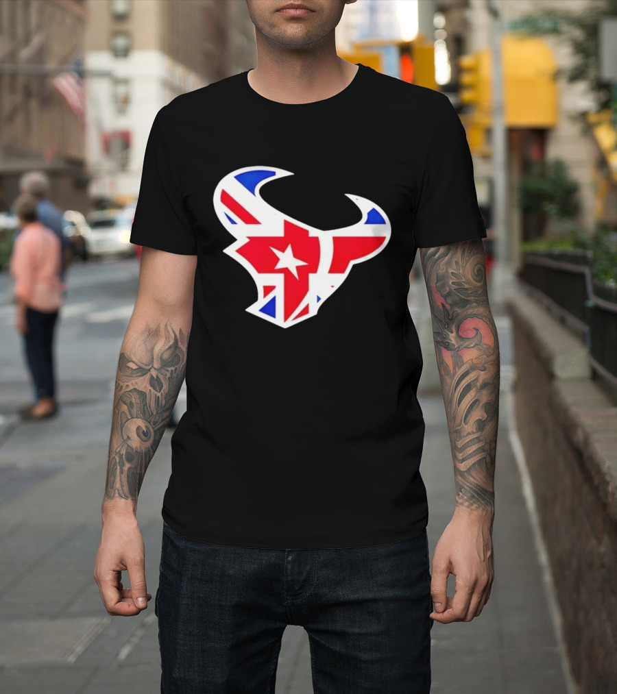 2026 Houston Texans London Game Union Jack Bull Football Event T-Shirt