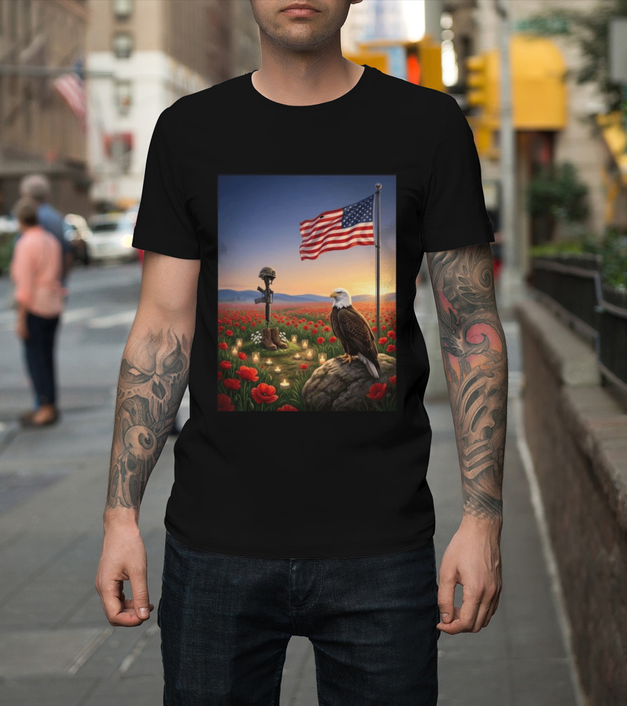 Battlefield Cross American Flag Eagle Honor Our Fallen Heroes Poppy Field T-Shirt