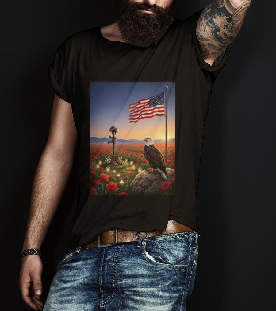 Battlefield Cross American Flag Eagle Honor Our Fallen Heroes Poppy Field T-Shirt