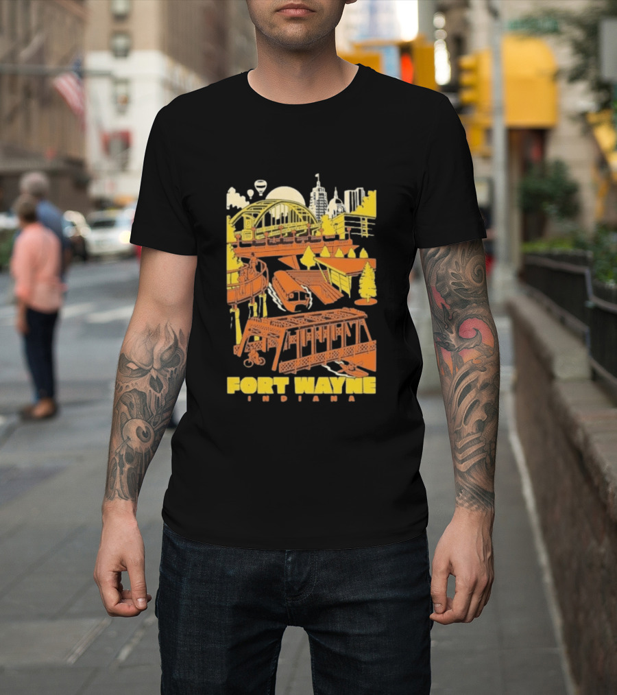 Fort Wayne Indiana Riverfront Yellow Orange Skyline And Bridges T-Shirt