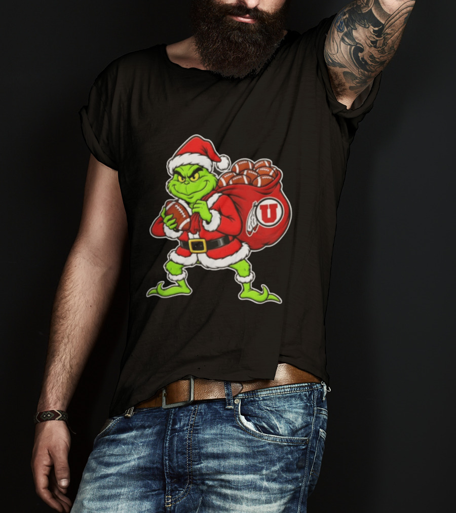 Santa Grinch Utah Utes With Chiefs Footballs Christmas T-Shirt