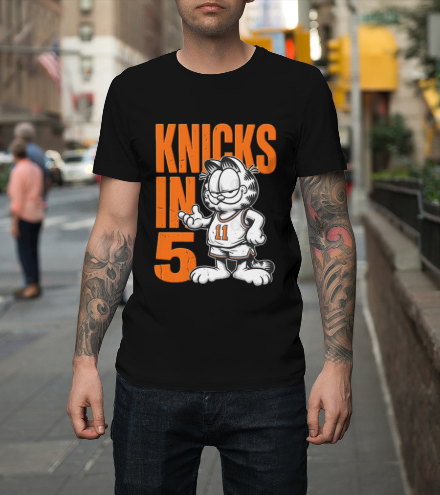 Knicks In 5 Cartoon Cat Wearing Basketball Jersey T-Shirt