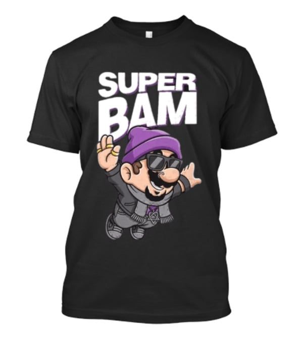 Super Bam Margera Cartoon Style Jackass Purple Beanie Sunglasses Rugged Look T-Shirt