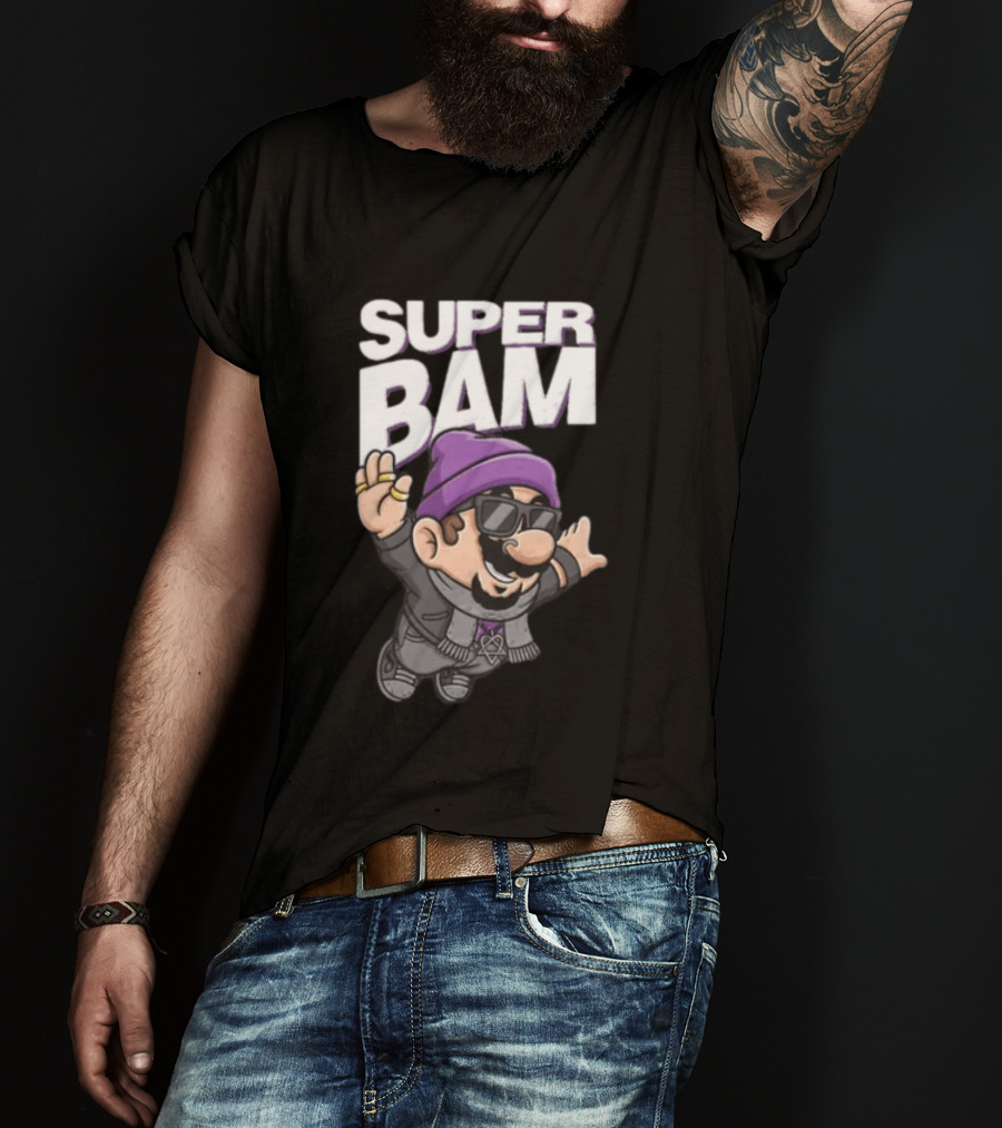 Super Bam Margera Cartoon Style Jackass Purple Beanie Sunglasses Rugged Look T-Shirt