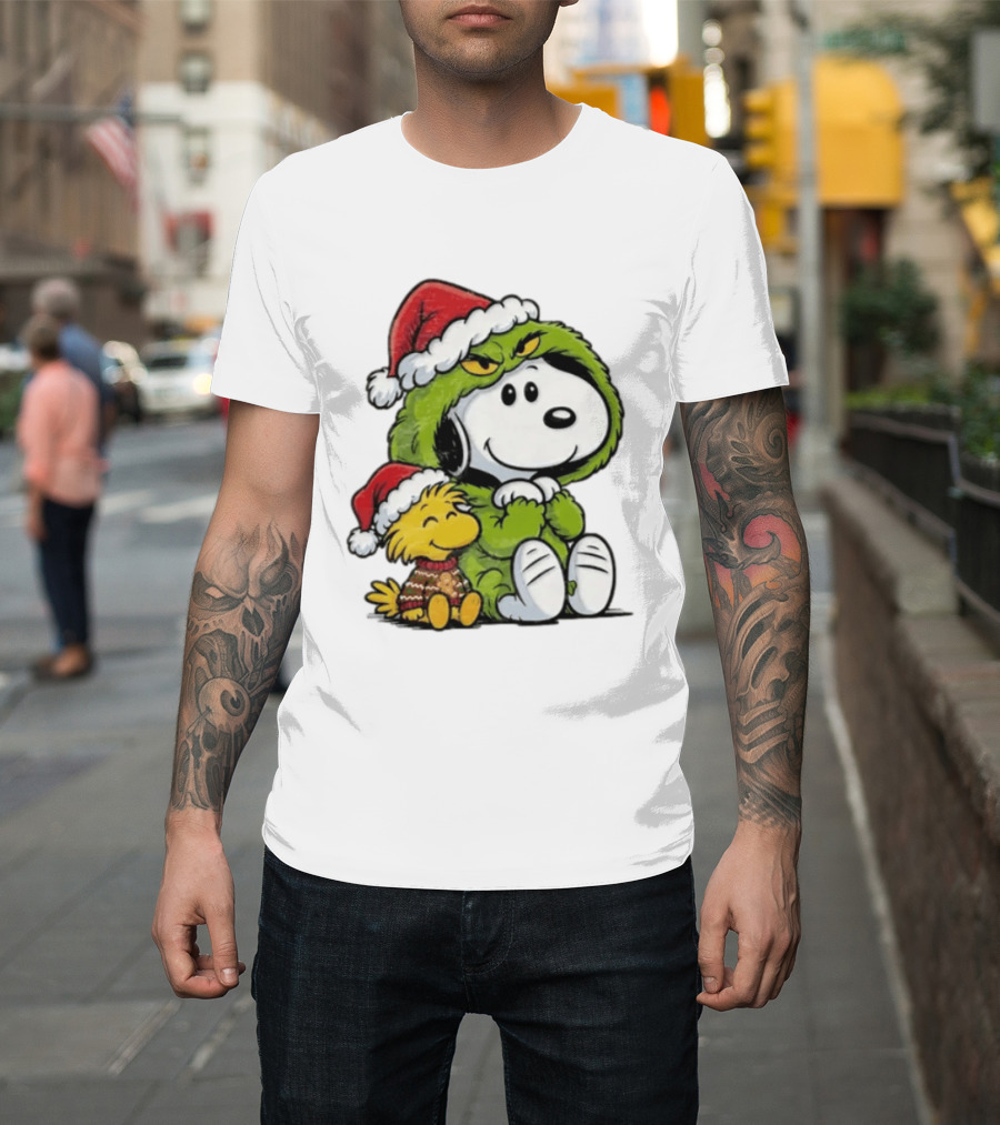 Snoopy And Woodstock In Grinch Costumes With Santa Hats Christmas T-Shirt