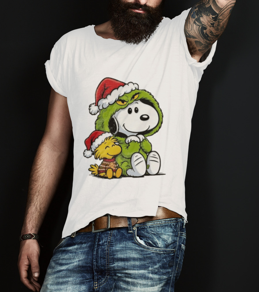 Snoopy And Woodstock In Grinch Costumes With Santa Hats Christmas T-Shirt