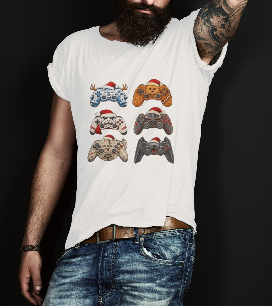 Star Wars Christmas Santa Hats Chewbacca Stormtrooper Darth Vader Gaming Controller Collection T-Shirt