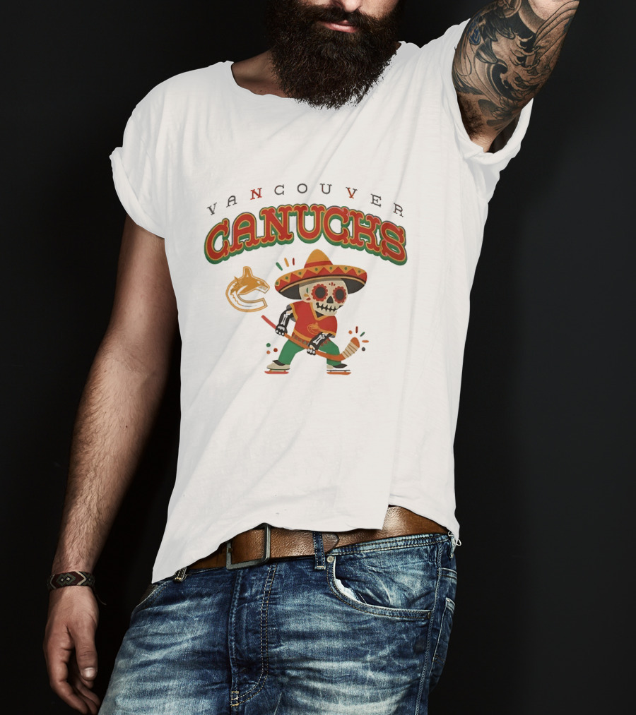 Vancouver Canucks Dia De Los Muertos Sugar Skull Hockey Player T-Shirt