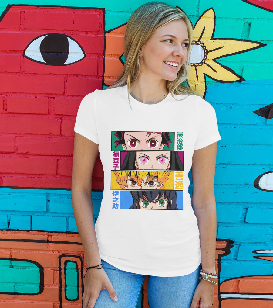 Demon Slayer Kimetsu No Yaiba Tanjiro Nezuko Zenitsu Inosuke Character Faces T-Shirt