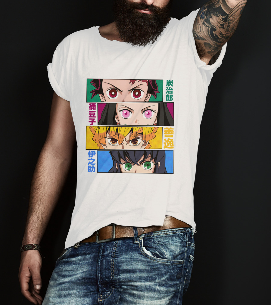 Demon Slayer Kimetsu No Yaiba Tanjiro Nezuko Zenitsu Inosuke Character Faces T-Shirt