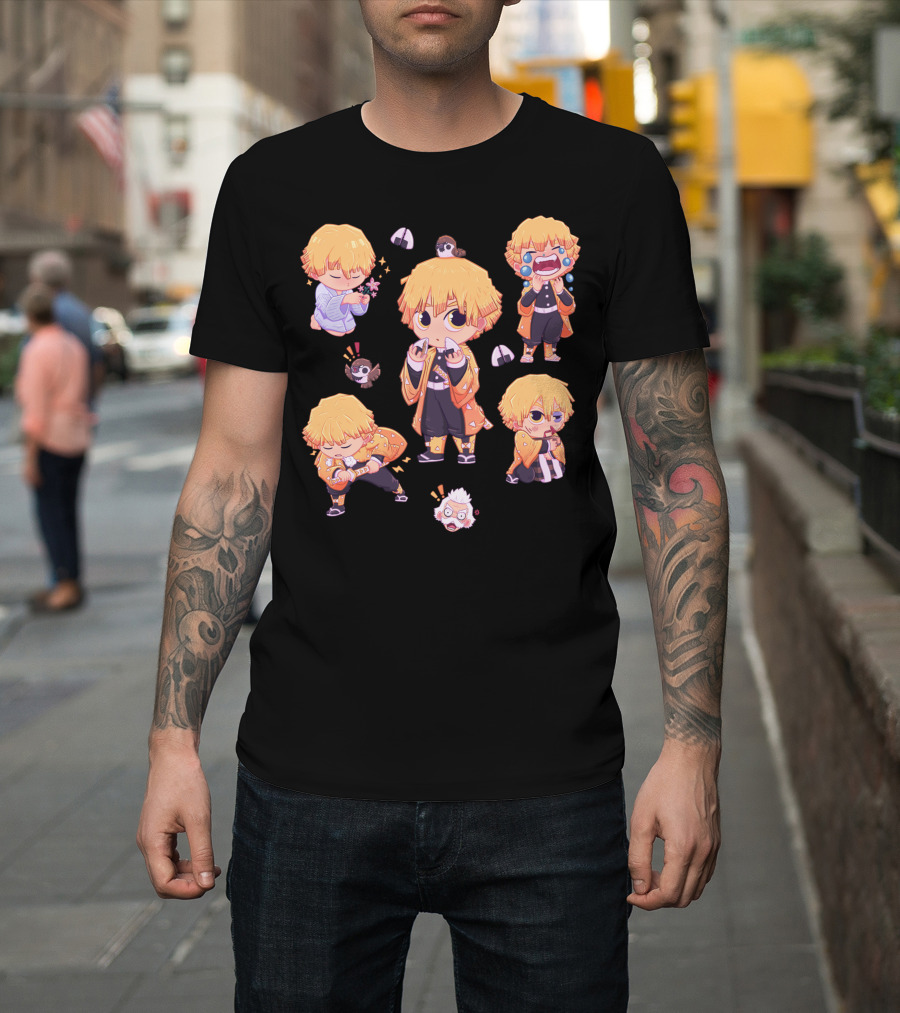 Demon Slayer Kimetsu No Yaiba Zenitsu Chibi Diverse Expressions And Birds Collection T-Shirt