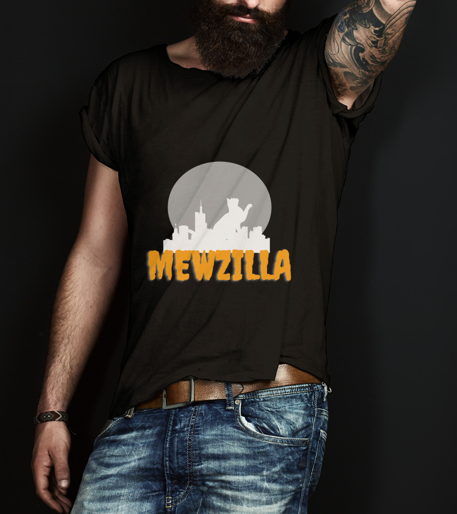 Mewzilla Cat Silhouette Over City Skyline Full Moon T-Shirt