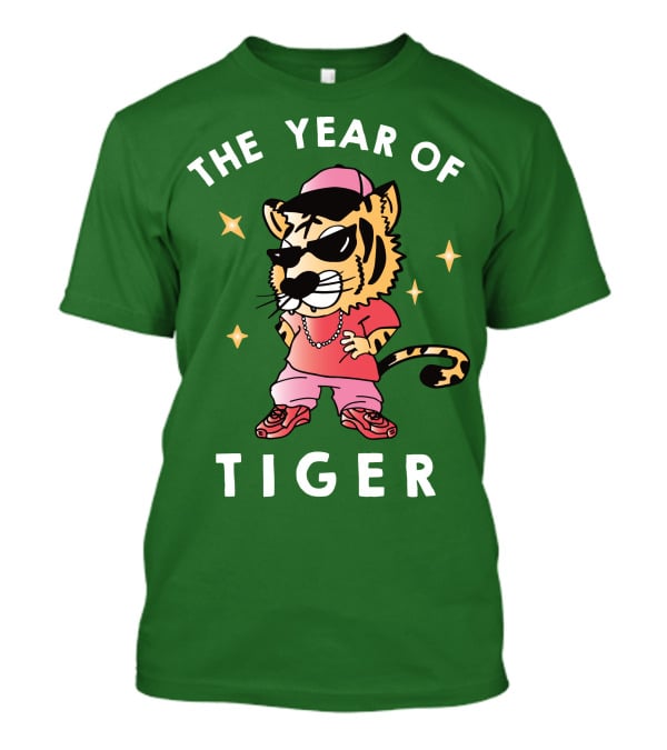 THE YEAR OF TIGER Hip Hop Style Cartoon Tiger Wearing Sunglasses And Chain T-Shirt