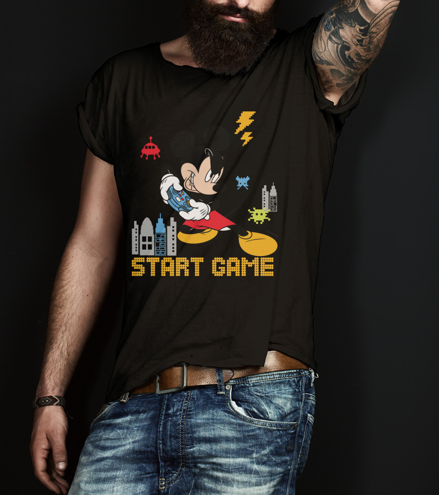 Mickey Holding Controller Retro Gaming City Start Game T-Shirt