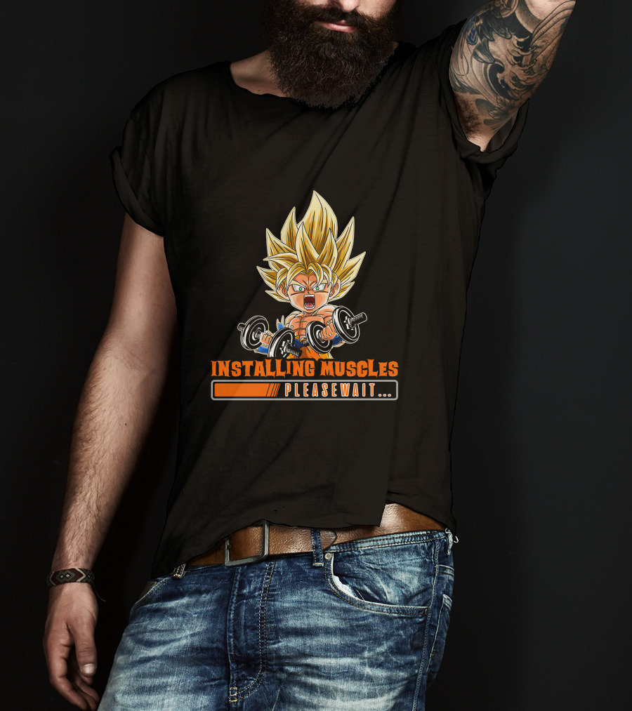 Installing Muscles Please Wait Super Saiyan Dumbbells Fitness Power Up T-Shirt