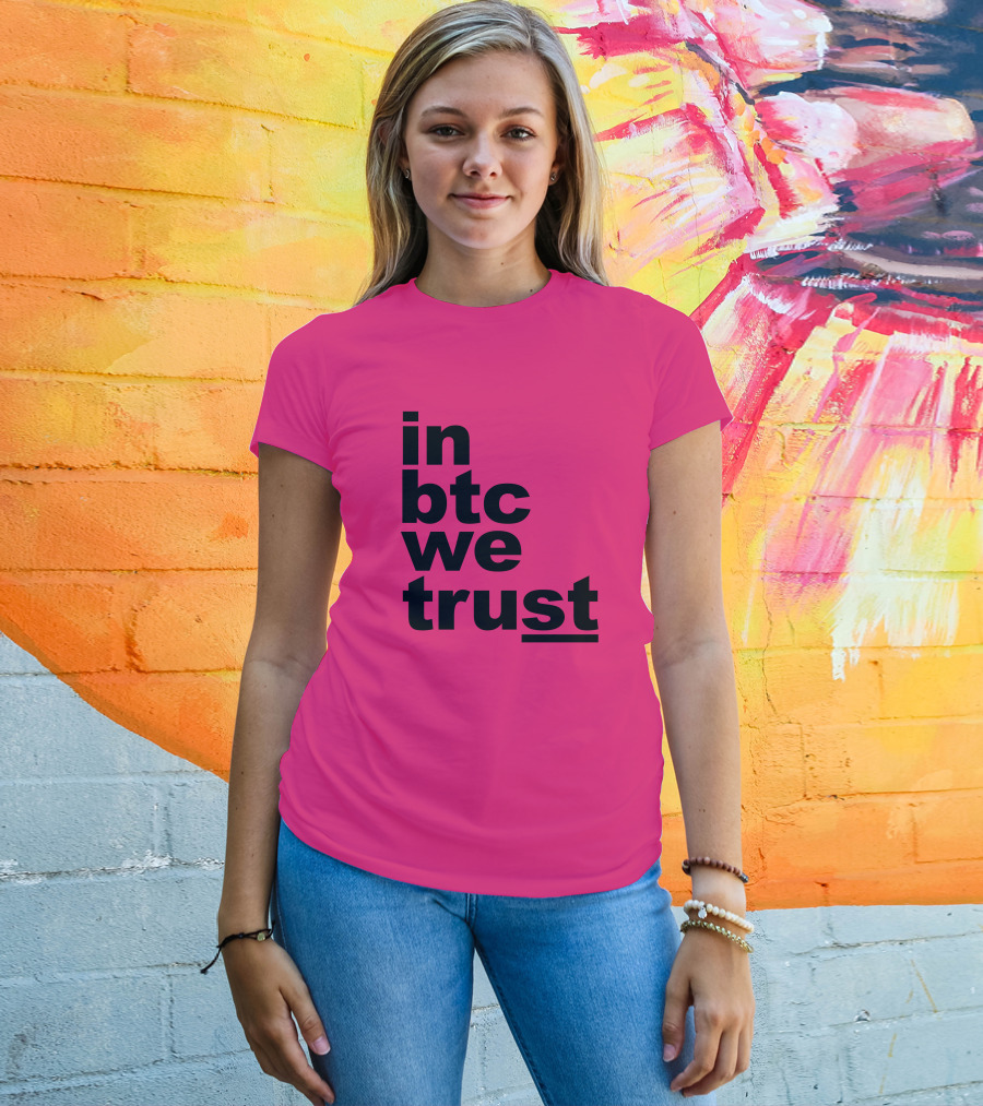 Bitcoin Merch In BTC We Trust Bold Text Pink Background T-Shirt