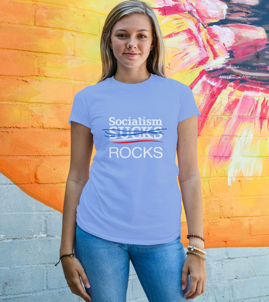 Socialism Rocks Blue Text Design With Stars And Strikethrough Line T-Shirt