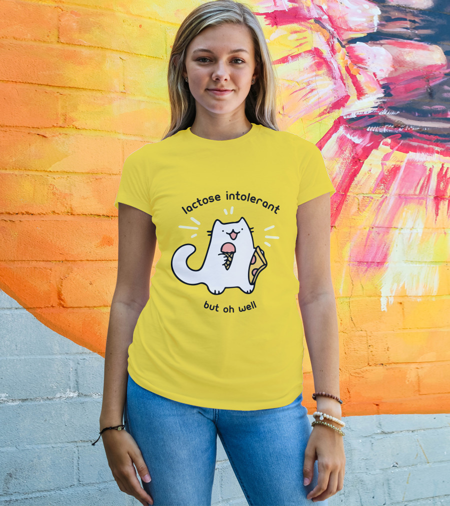 Lactose Intolerant Cat But Oh Well Eating Ice Cream Pizza Crowlines Merch T-Shirt