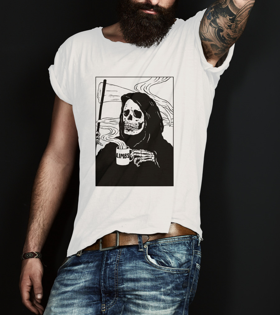 Chelsea Grin Down Right Merch Limbs Coffee Reaper Skeleton Holding Scythe And Mug T-Shirt