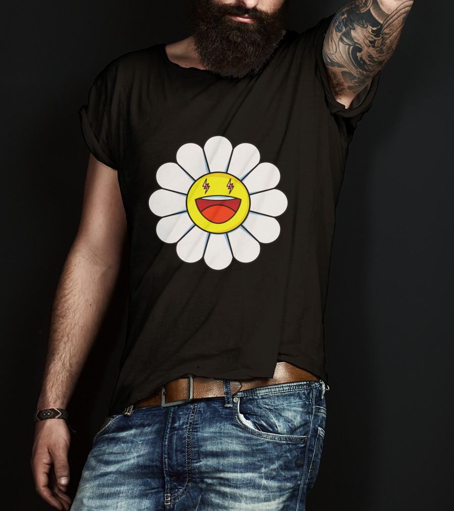 J Balvin Merch Blanco Large Flower Smiley Face With Lightning Eyes T-Shirt
