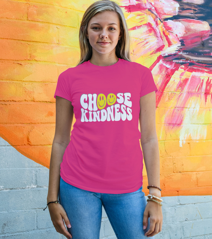 Miss Natali S Choose Kindness Smiley Face Groovy Font Pink Background T-Shirt