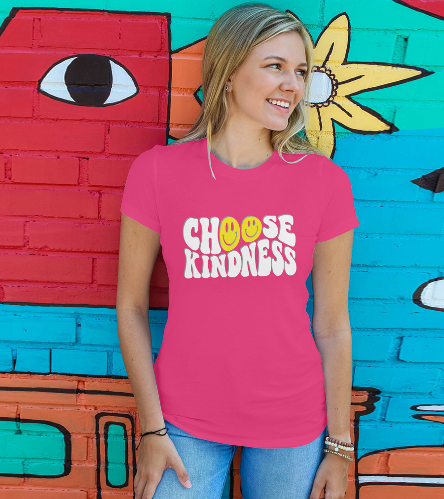 Miss Natali S Choose Kindness Smiley Face Groovy Font Pink Background T-Shirt