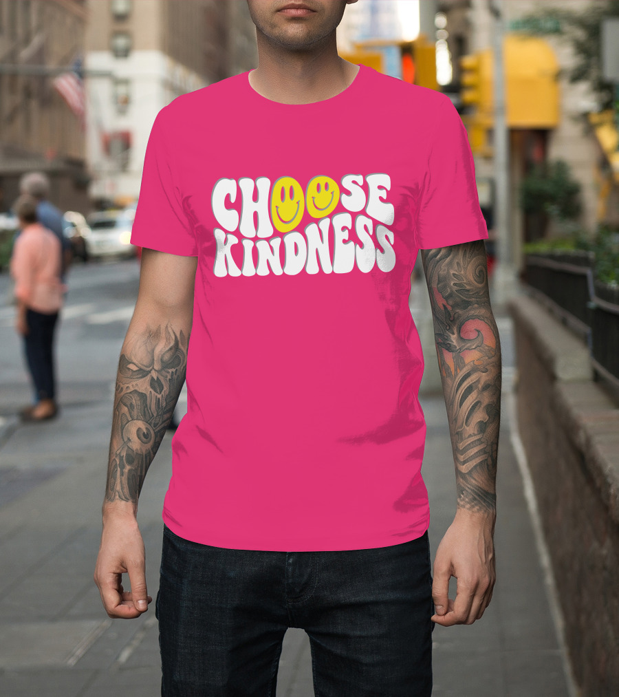 Miss Natali S Choose Kindness Smiley Face Groovy Font Pink Background T-Shirt