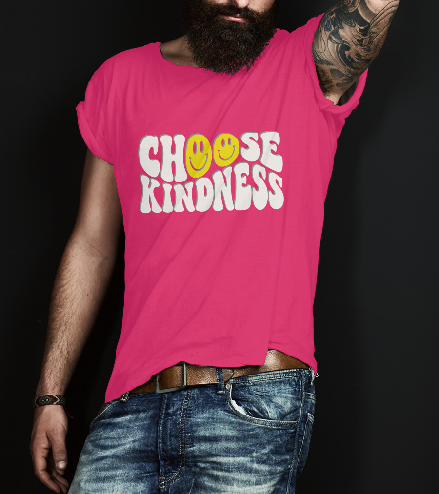 Miss Natali S Choose Kindness Smiley Face Groovy Font Pink Background T-Shirt