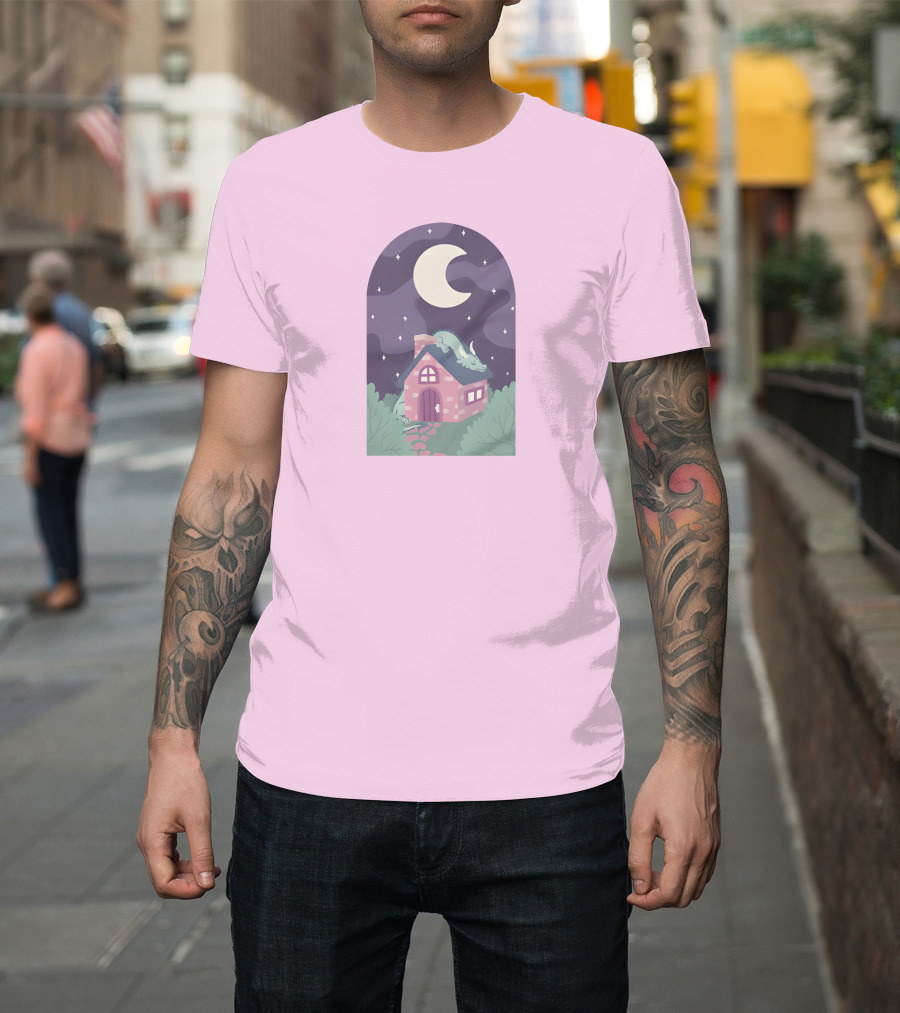 Sleepy Draginn Under Night Sky Crescent Moon Pastel Cottage T-Shirt