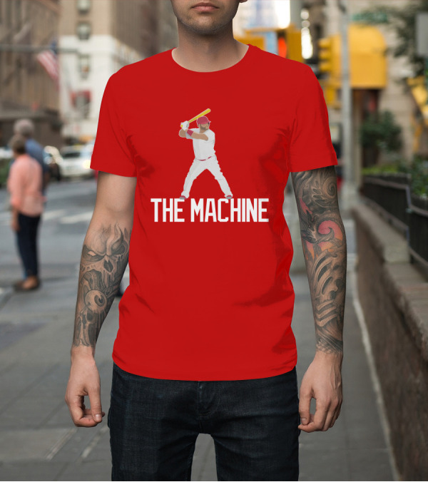 Shirt: The Machine Baseball Player in White Uniform with Yellow Bat and Red Cap T-Shirt The Machine Baseball Player in White Uniform with Yellow Bat and Red Cap T-Shirt