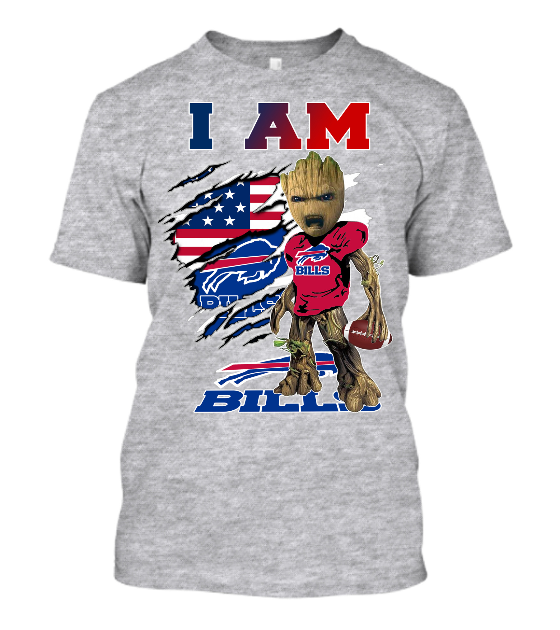 I Am Bills Baby Groot Football Fan With American Flag And Team T-Shirt