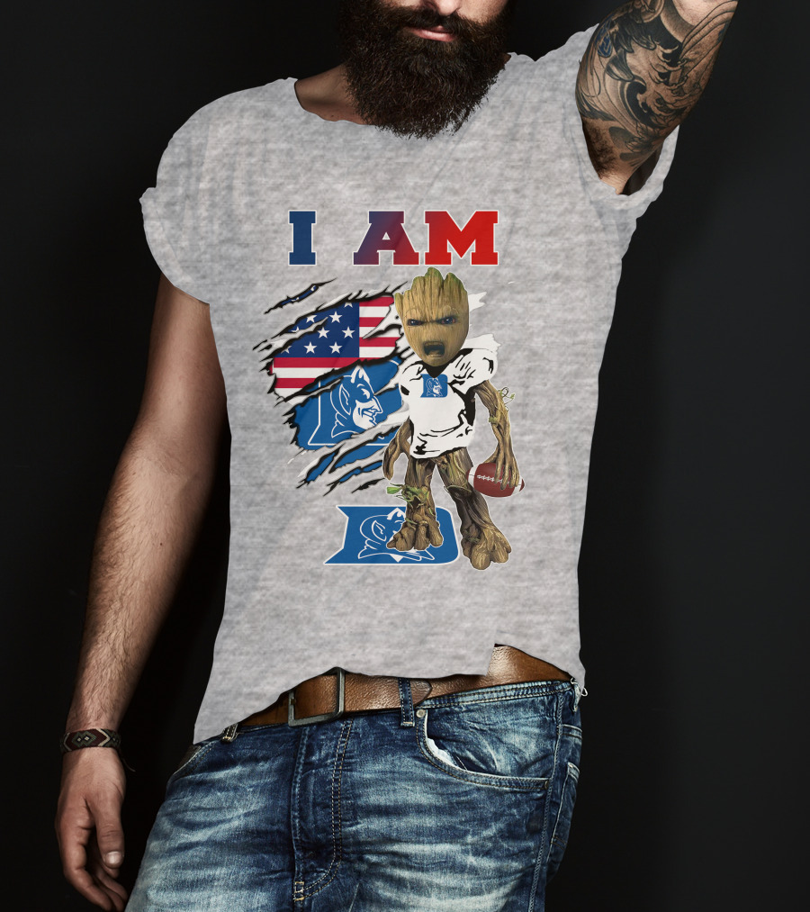 I AM Duke Baby Groot With American Football And Flag Background T-Shirt