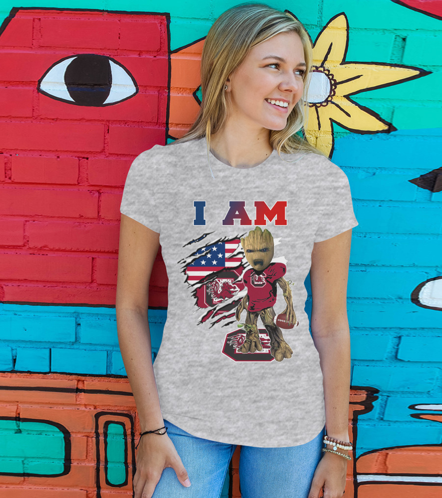 I Am Gamecocks Baby Groot Football American Flag T-Shirt