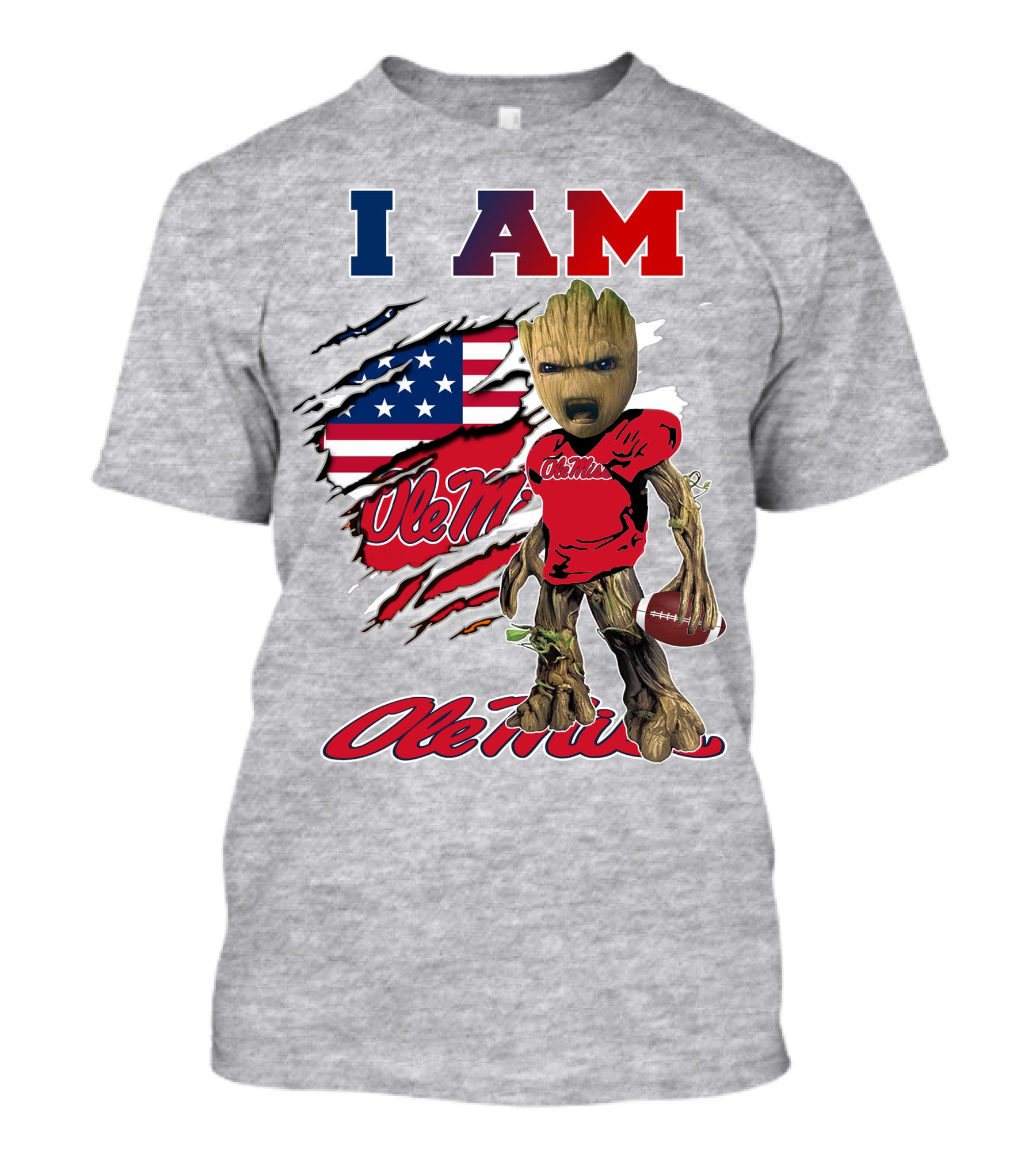 I Am Ole Miss Baby Groot Usa Flag Football T-Shirt